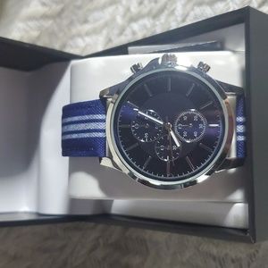INC Men's Blue & White Striped Denim Strap Watch 42mm 3 DIAL